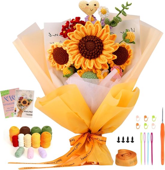 Haakset voor Beginners en Volwassenen, Zonnebloemen Haakboeket met Stap-voor-Stap Tutorials, Creatieve DIY Knutselset voor Verjaardagscadeaus en Handgemaakte Kunst van Merkloos