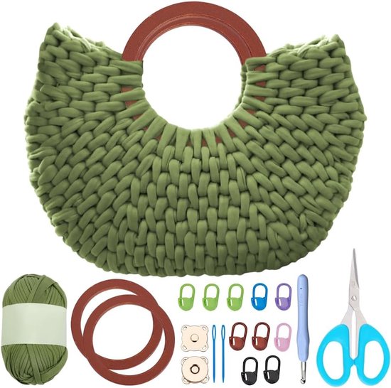 Haakset voor Beginners - Haak Shopping Bag met Houten Handvat, Inclusief Stapsgewijze Video-instructies, Creatieve Haakprojecten en Handwerk Benodigdheden
