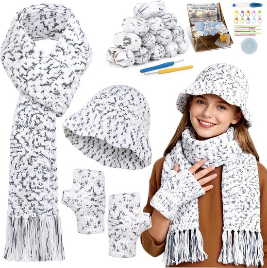 Haakset voor Beginners - Haakschal, Muts en Handschoenen in Grijs en Wit - Creatief Haken, Handwerk, Modeaccessoires