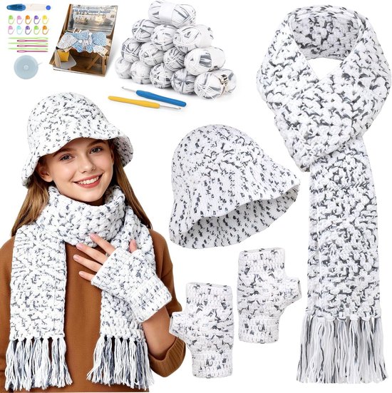 Haakset voor Beginners, Inclusief Sjaal, Muts en Handschoenen in Grijs en Wit - Perfect voor Creatieve Projecten en Winteraccessoires van Merkloos