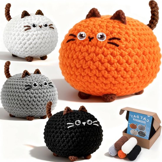 Haakset voor Beginners met 4 Amigurumi Katten, Inclusief Video-instructies en Haaknaalden voor Creatieve Projecten