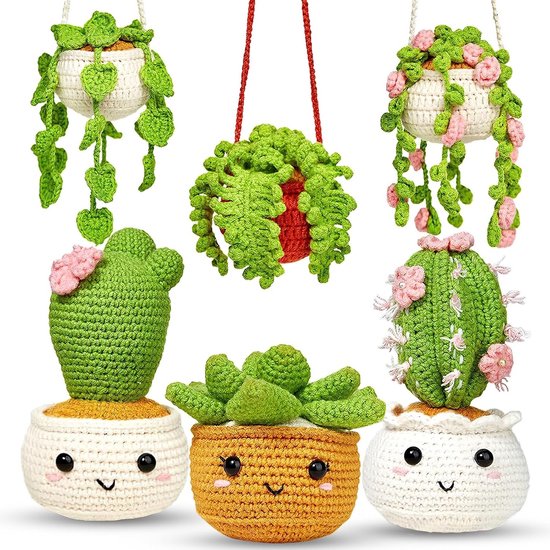 Haakset voor Beginners met 6 Stuks, Hangende Plant Potten, Cactus Haaknaald en Gedetailleerde Instructies voor DIY Projecten