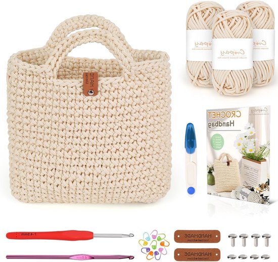 Haakset voor Beginners met Haaknaald 4.5mm, Dikke 5mm Wol en Instructies voor het Maken van Een Kleine Handtas, Creatieve Cadeaus voor Familie en Vrienden - Beige van Merkloos