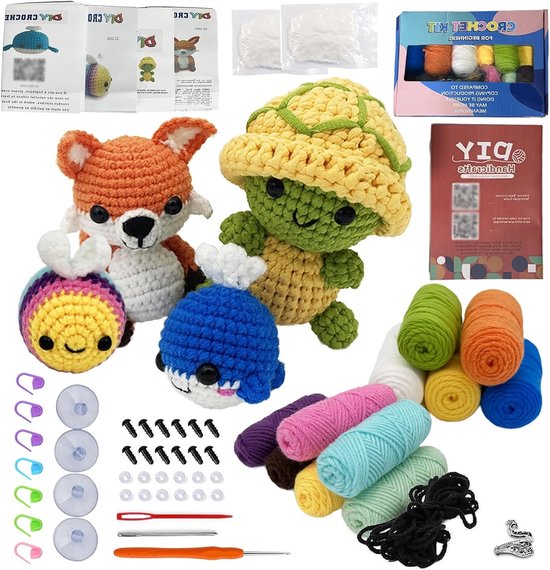 Haakset voor beginners met instructies, zachte garen en accessoires, inclusief draagbare haaknaald - Perfect als cadeau voor creatievelingen (walvissen, bijen, vossen) van Merkloos