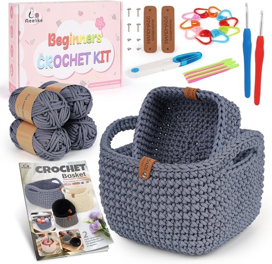 Haakset voor Beginners met Vierkante Mandjes en Haakinstructies - Donkergrijs, Creatief Haken, DIY Projecten, Handwerken