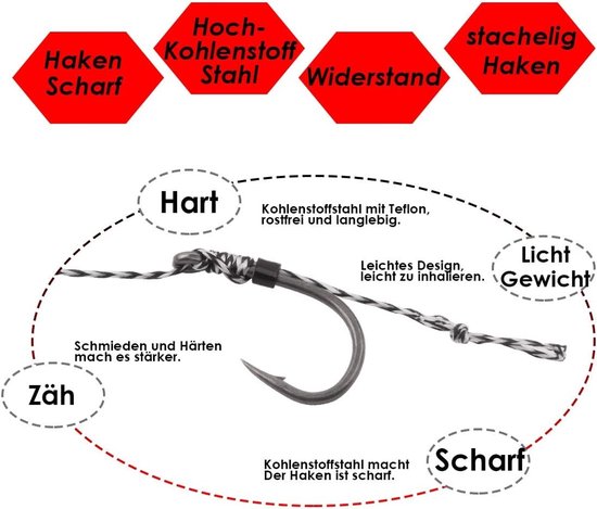 Haar rigs voor karpervissen - 20 stuks gebogen haken, gevlochten onderlijn, 3 boilie plugs, maat 2 4 6 8, ideale accessoires voor succesvolle karpervisserij