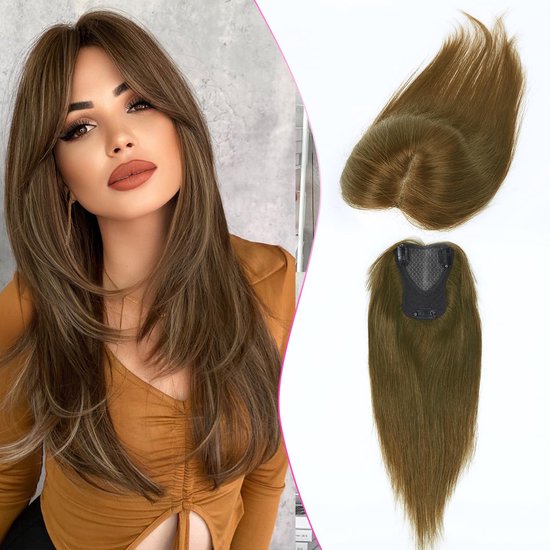 Haarstukken voor vrouwen, echt haar, topper voor dun haar, onzichtbare opvulling, handgeknoopt, Zwitserse kantbasis, zonder pony, realistische haarlijn, lichtbruin
