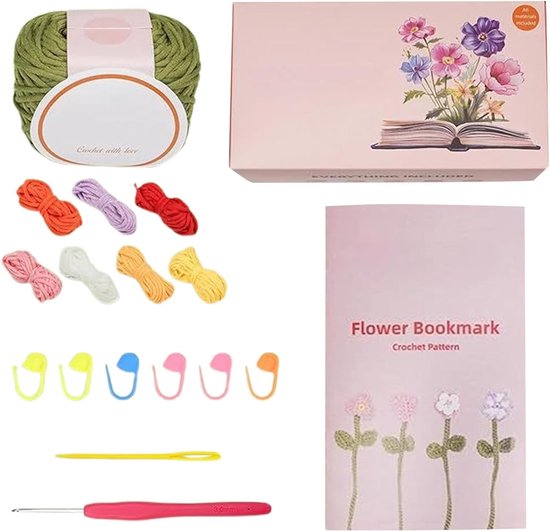 Haken Knutselpakket - Bloem Bladwijzers - Handwerken Leren - Compleet Beginner Starterspakket - 8 Bladwijzers - Multicolor