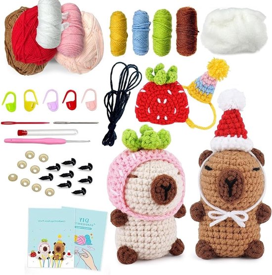 Haken voor Beginners: 2-delige Capybara Haakset met Dierlijke Patronen, Soft Yarn en Handleiding voor Creatieve DIY Projecten van Merkloos