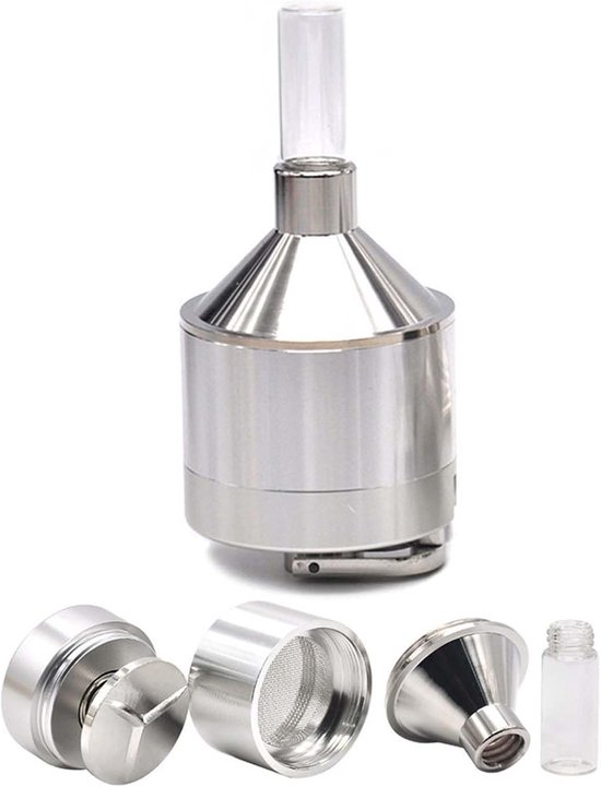 Handbediende metalen molen met glazen fles en trechter, ideaal voor het malen van kruiden en specerijen, keukenaccessoire voor grof poeder