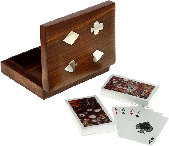 Handgemaakte Decoratieve Houten Dubbeldeks Speelkaart Doos Houder Opbergkoffer Organizer met 2 set 'Ace' speelkaarten messing inlay beste cadeau voor hem haar 15 x 10 x 4,75 cm