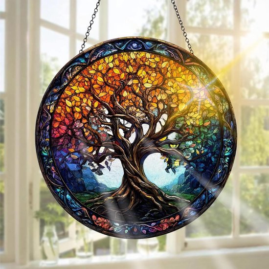 Handgemaakte glas-in-lood raamdecoratie voor tuin en interieur - Perfect voor kerstfeesten, 20 x 20 cm, sfeervolle wanddecoratie en unieke raamversiering van Merkloos