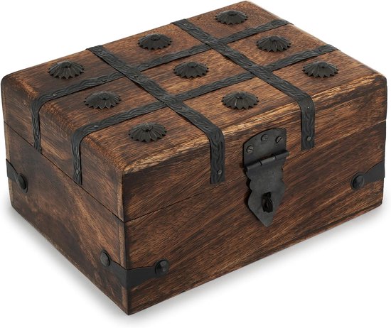 Handgemaakte Houten Schatkist - Decoratieve Sieraden- en Herinneringsdoos met Schelpenstroken, 8x6 Inch