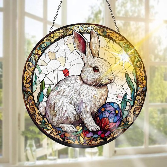 Handgemaakte Raamdecoratie met Konijn van Glas in Lood voor Pasen en Feestdagen - Perfect voor Binnen en Buiten, Tuin en Venster, 20 x 20 cm van Merkloos