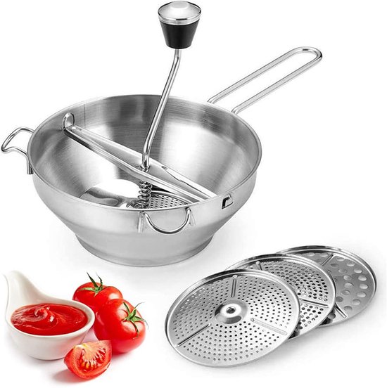Handmatige Aardappelpers met 3 Schijven en Antislip Handvat voor Groenten, Tomatensaus en Appelmoes, RVS Draaiende Voedselmolen voor Puree en Soepen