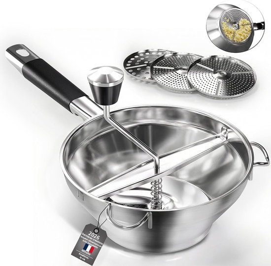 Handmatige Groentemolen van RVS met 3 Verwisselbare Schijven voor Babyvoeding, Tomatensaus en Aardappelpuree