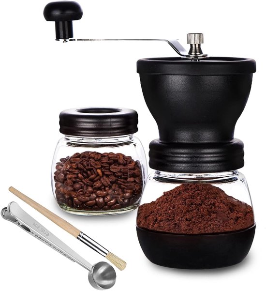 Handmatige Koffiebonenmaler met 2 Glazen Potten, Keramische Maalschijven, Draagbare Koffiemolen voor Camping en Thuisgebruik