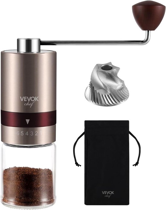 Handmatige Koffiemolen met 6 Instelbare Maalgraad voor Espresso en French Press, RVS Conische Molen, Perfect voor Thuis, Kantoor of Reizen, Roze Goud