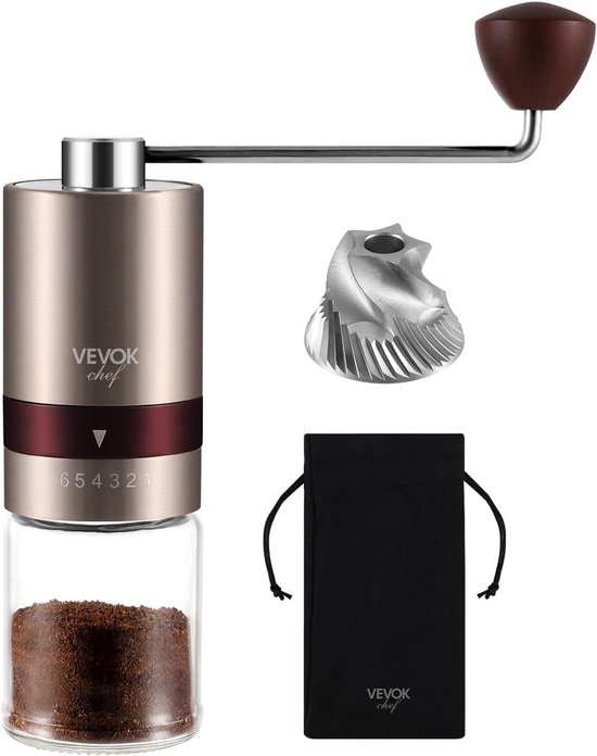 Handmatige Koffiemolen met 6 Verstelbare Maalgraden voor Espresso en French Press, Rvs Conische Molen, Perfect voor Thuis, Kantoor of Reizen, Roze Goud