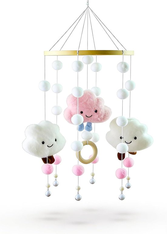 Hangend met Wolk en Vilten Ball, 3D Wolken Mobiel, Woondecoratie (Roze)