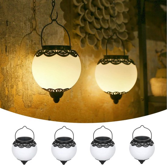 Hanglampen op zonne-energie voor buiten 4 stuks, JOYCREATOR solar-lantaarns voor buiten IP65 waterdicht met haak & aardingspen, ronde solar-lantaarn vintage voor balkon, veranda, als kerstcadeau v