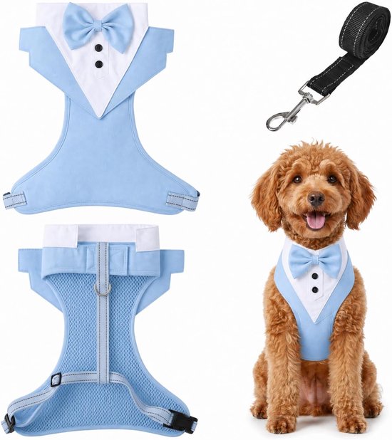 Harnas Tuxedo Stijl met Strikje - Trouwkleding voor Honden, Step-in Borsttuigje, Verstelbaar, Zacht Gevoerd voor Puppies en Kleine tot Middelgrote Honden (Lichtblauw, M)