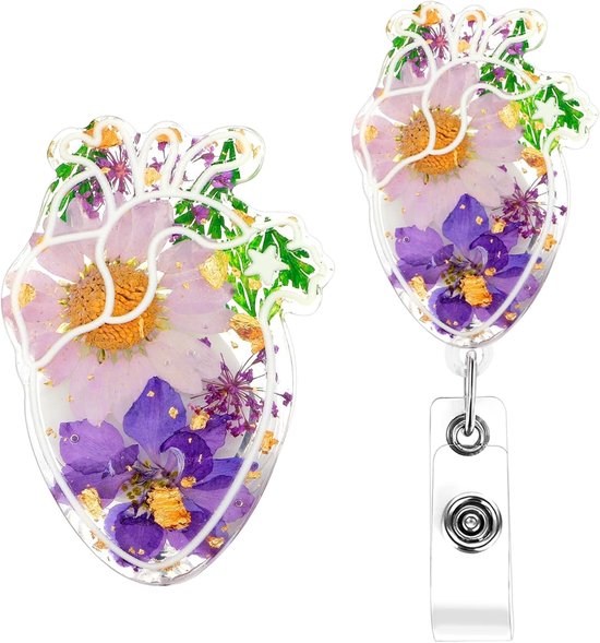 Hartige Gedroogde Bloemen Badge Reel met Krokodillenclip, Intrekkbare Hart ID Houder, Schattige Bloemige Resin Naamtag voor Verpleegkundigen en Zorgprofessionals
