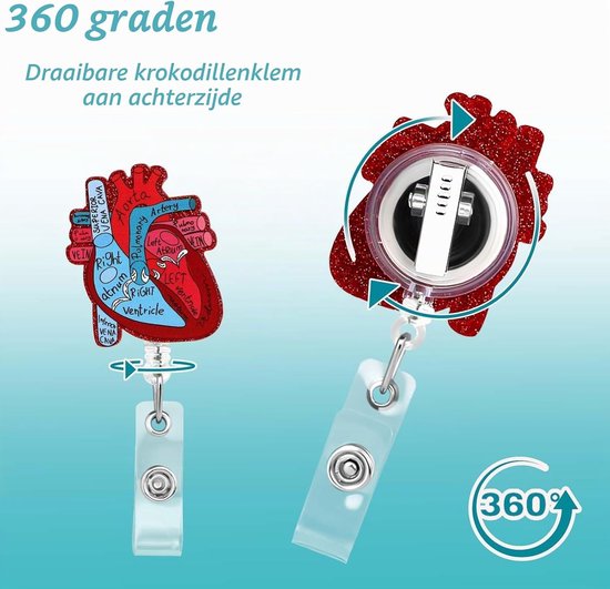 Hartvormige Badgehouder met Retractable Reel en Alligator Clips voor ID Kaarten - Perfect voor Verpleegkundigen, Artsen en Onderwijsprofessionals