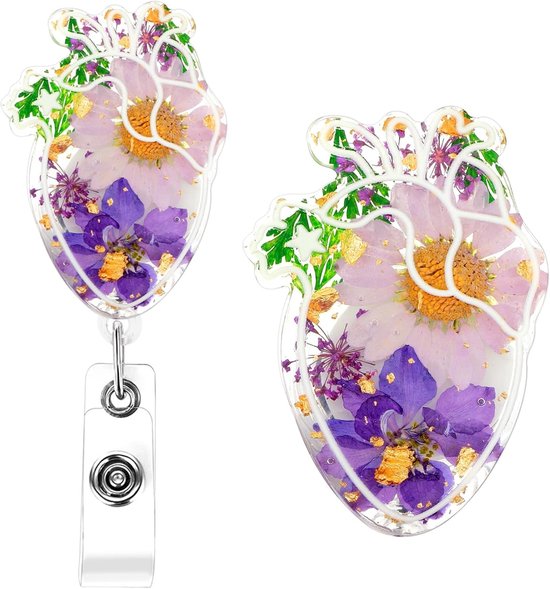 Hartvormige Retractable Badge Reel met Krokodillenclip, Dried Flower Resin ID Kaarthouder voor Artsen en Verpleegkundigen, Schattige Accessoires voor Werk en Evenementen