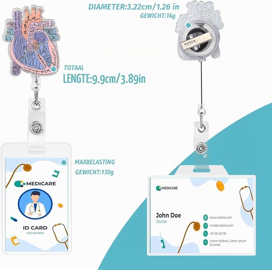 Hartvormige Retractable Reel ID Kaart Houder - Grappige Badge Clip voor Verpleegkundigen, Artsen en Onderwijzers - Anatomie Thema Badgehouder voor Kantoor en Studenten