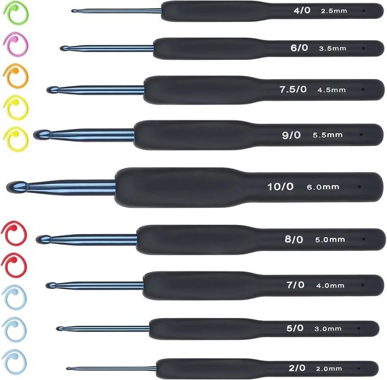 HECHKJ Crochet Hook Set 9pcs 2mm-6mm Ergonomic Crochet Hooks Black Crochet Hook Set with Metal Marker Clips for - ShopVlot