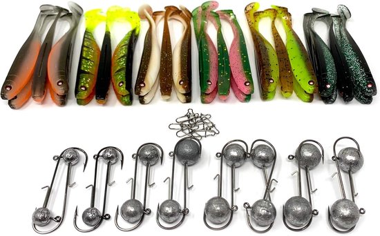 Hechtset Zanderfang Rubberen vis box - rubberen vissen met jigkop voor snoekbaars - 30 snoekbaarzen rubberen vissen - 6 kleuren - 95 cm - 16 jigkoppen maat 2/0 - 5-20 gram - 10 hangers - snaps Hechtset van Hechtset