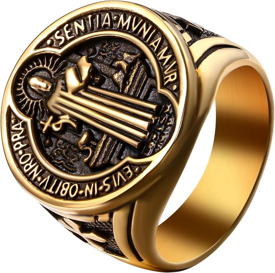 Heilige Benedictus-ring heren: goud roestvrij staal herenring St. Benedictus zegelringen katholieke christelijke vingerringen band ring kruis exorcisme boze bescherming amulet sieraden maat