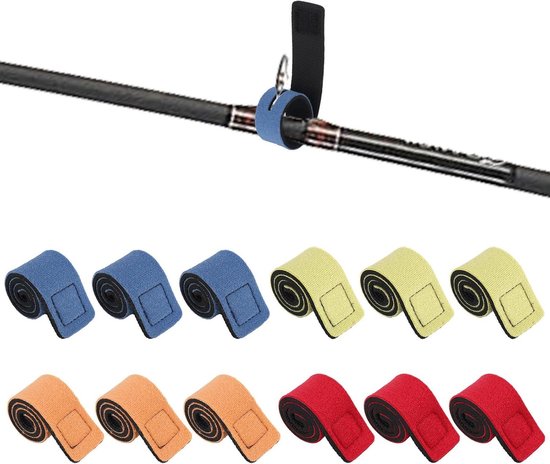 Hengelriemen Set van 12 Stuks - 25cm Lengte - Elastische Bevestigingsriemen in 4 Kleuren - Handig voor Organiseren van Hengels - Vishengel Accessoires