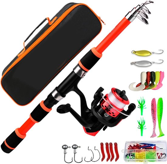 Hengelset Rood - Vishengel Set Voor Beginners - Hengel van 1.8 Meter Inschuifbaar + Accessoires - Complete visset - met Volledige Kits Draagtas - voor Reizen Zoutwater Zoetwater - Vishengel - Vismolen