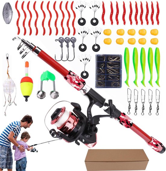 Hengelset - Vishengel set voor kinder - complete visset - 1.8m telescopisch - 2025 nieuwe camouflage rood- Inclusief 55 Visaccessoires-Geschikt voor zowel beginnende als enthousiaste vissers van Amito.