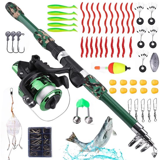 Hengelsets - Vissets - Visgerei - Inclusief molen en accessoires - Draagbare telescopische hengel - Werphengelcombinatie voor kunstaas - Visset voor kinderen - 1,8 m telescopische hengel - 55-delige beginnersset - Metaal - Camouflagegroen