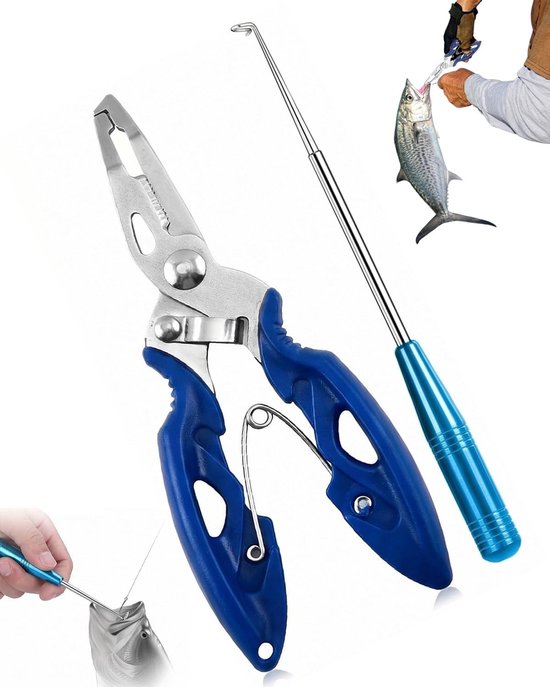 Hengeltangen set met haakverwijderaar, 2-delig, 12CM gebogen metalen tang voor haakloosmaken, ideaal voor spinvissen en visaccessoires, inclusief splitringfunctie en grip.