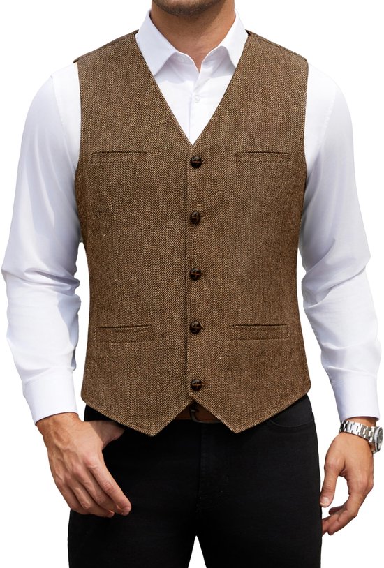 Herenkostuum van wol en tweed, mouwloos vest voor heren, vintage, met visgraat, voor bruiloft en zakelijk, formeel