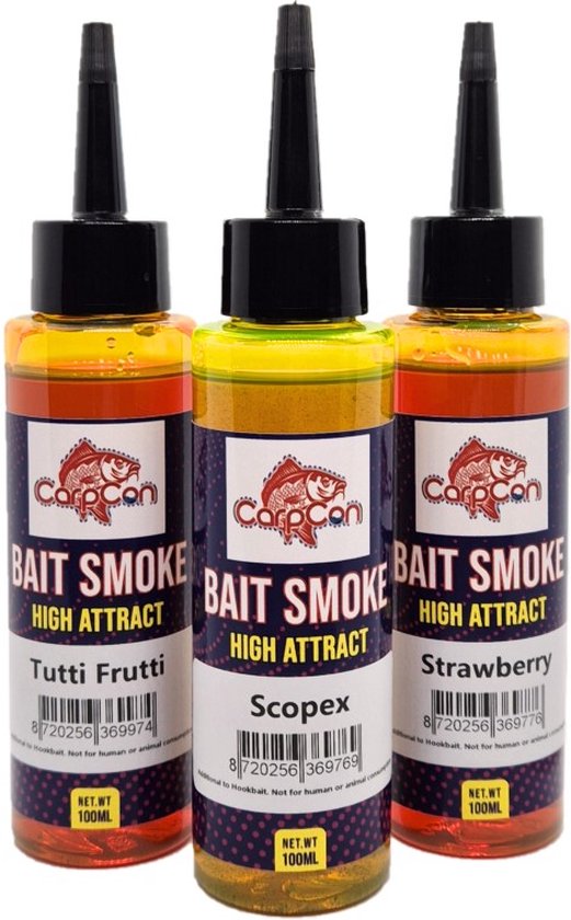 High Attract Bait Smoke 'Trio' - 3 x 100ml - Scopex, Strawberry & Tutti Frutti - Karper Lokaas van Merkloos