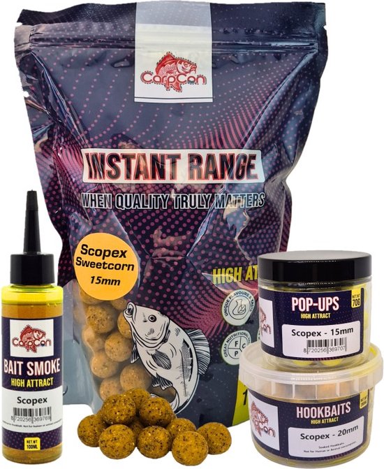 High Attract Voerpakket 'Scopex Sweetcorn' 15mm - Met 1kg Instant Range Boilies, Pop-Ups, Bait Smoke & Hookbaits - Karper voer/boilies - Hengelsport Visset van Merkloos