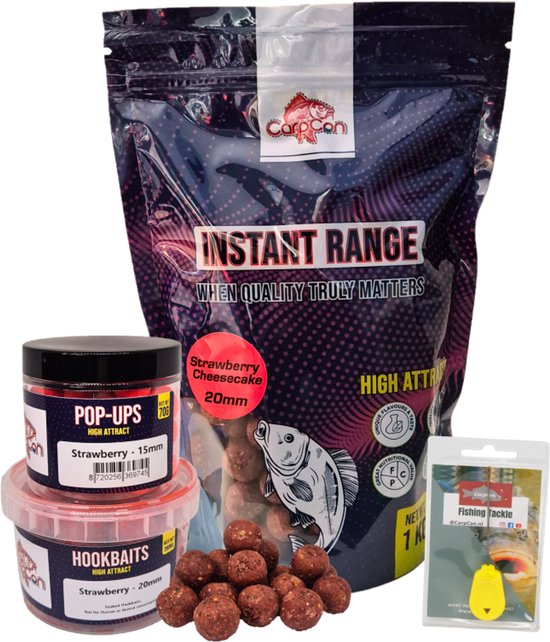 High Attract Voerpakket 'Strawberry Red' 15mm - Karper voer/boilies - Voordeelpakket voor vissers - Visset - Met 15mm Instant Range Boilies, Pop Ups, Hookbaits & Boilienaald van Merkloos