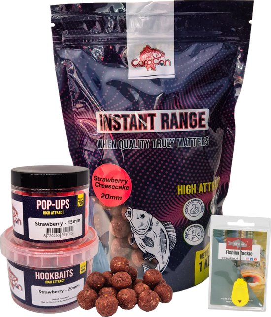High Attract Voerpakket 'Strawberry Red' 20mm - Karper voer/boilies - Voordeelpakket voor vissers - Visset - Met 20mm Instant Range Boilies, Pop Ups, Hookbaits & Boilienaald van Merkloos