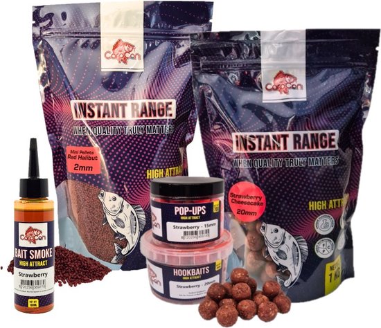 High Attract Voerpakket 'Strawberry Red' Groot - 20mm - Karper voer/boilies - Voordeelpakket voor vissers - Met 20mm Instant Range Boilies, Pellets, Bait Smoke, Hookbaits & Pop Ups - Visset van Merkloos