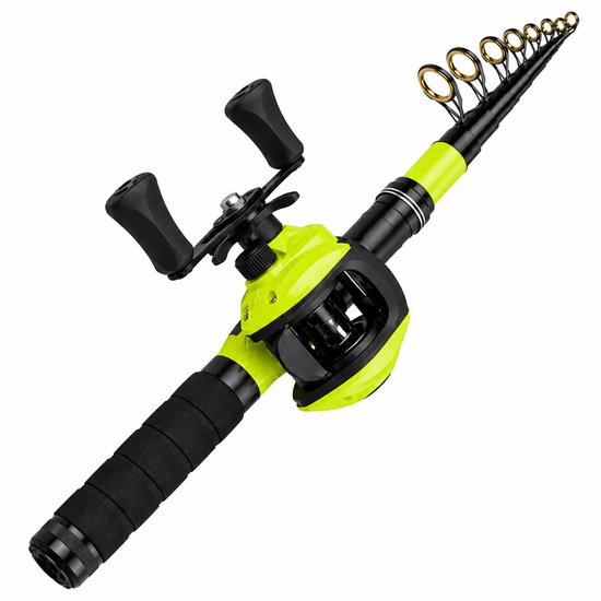 HOB Telescopische Vishengel met Molen - Hengelset - Werphengel - Carbon - 1,8 m - Vishengel set - Hengelsport - Zwart Geel - Vis Hengel