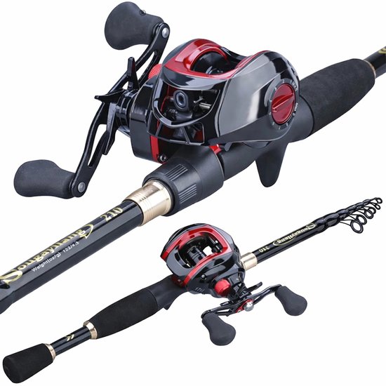 HOB Telescopische Vishengel met Molen - Hengelset - Werphengel - Carbon - 1,8 m - Vishengel set - Hengelsport - Zwart Rood - Vis Hengel van Merkloos