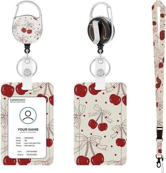 Hoes voor Identiteitskaarten met Afneembare Lanyard en Retractable Reel - Vintage Kersenprint, Verticaal Kaart Houder voor Onderwijzers, Verpleegkundigen en Studenten