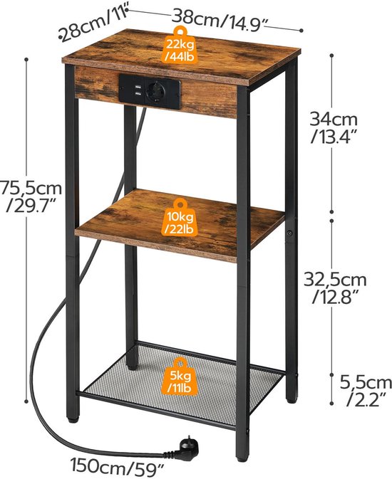 Hoge bijzettafel met laadstation, 3-traps telefoontafel, kleine entreetafel, hoog nachtkastje voor woonkamer, slaapkamer, hal, vintage bruin EBF09CDH01