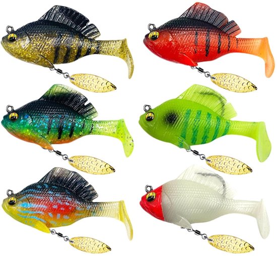 Home & Marker - Kunstaas Set - 6 Stuks - Swimbait Jigkoppen met Spinnerblad - Shads voor Snoek, Baars & Snoekbaars - Roofvis Hengelsport - FISOLOVKA