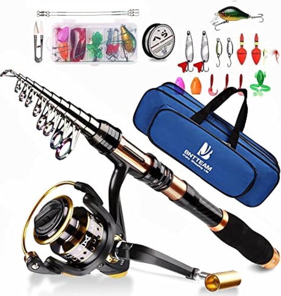 Homesy - Gecombineerde telescopische hengelset, spinmolen van 99% carbon, met tas voor zee, zoetwater, vijver, rivier (T1 complete set, 2,4 m) + 1 x set visaas. 2 stuks hengeldrijvers (als gratis cadeau).